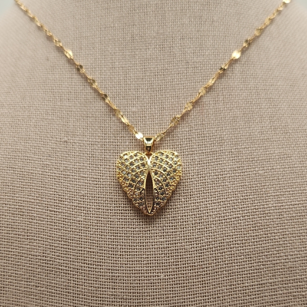 18k Gold Plated Stainless Steel Necklace, Simulated Diamond Angel Wing Pendant